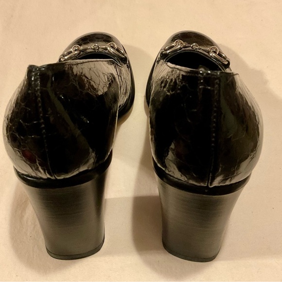 Marina Riva Vintage Black Heeled Loafer Crocodile-Embossed w/ Horse Bit Buckle - Picture 3 of 8